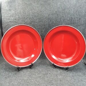 Set of 2 Pottery Barn Red 10"‎ Plates Enamelware Partyware Metal Dinner Plates